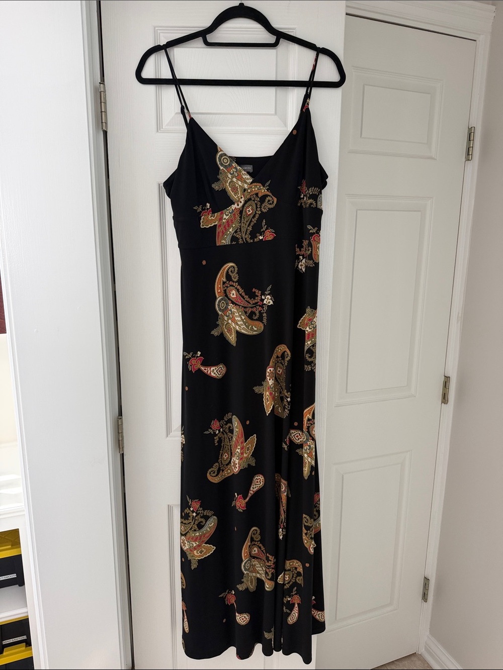 Vince Camuto Black Paisley-Print Slip Maxi Dress with Gold and Red Accents